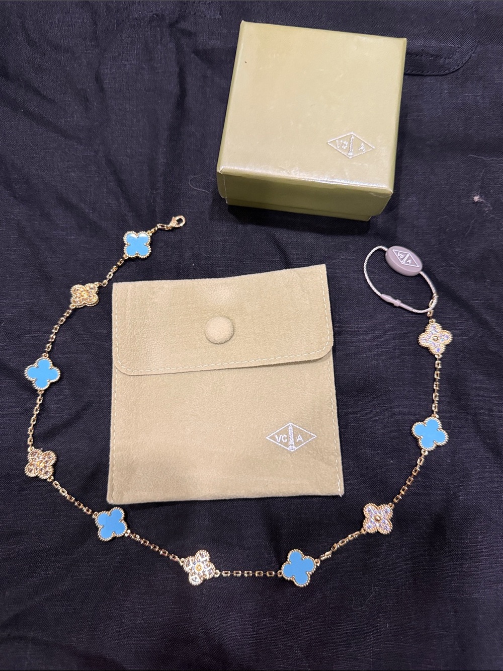 Turquoise and Gold Alhambra Station Necklace